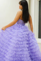 Load image into Gallery viewer, Lilac Floral Tiered Princess Corset Prom Dress with Slit