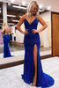 Load image into Gallery viewer, Sheath Spaghetti Straps Blue Sequins Long Prom Dress with Silt
