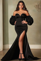 Load image into Gallery viewer, Black Satin Strapless Mermaid Plus Size Prom Dress with Slit