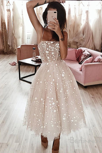 A-Line Spaghetti Strap Tea Length Pearl Pink Tulle Prom Homecoming Dress