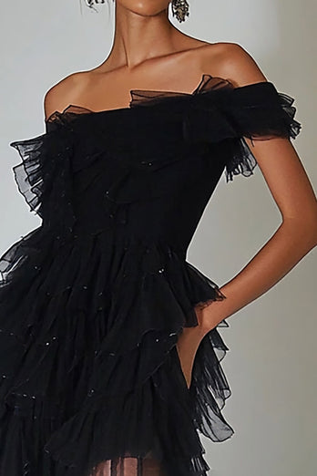 Black Tulle Bodycon Cocktail Dress with Ruffles