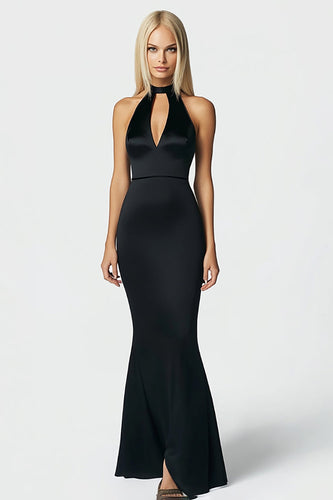 Black Satin High-Neck Long Mermaid Formal Dress with Keyhole