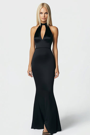 Black Satin High-Neck Long Mermaid Formal Dress with Keyhole