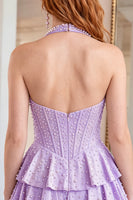 Load image into Gallery viewer, Yellow Sparkly Tiered Short Corset Cocktail Dress with Ruffles