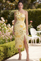 Load image into Gallery viewer, One Shoulder Butter Yellow Floral Ruched Maxi Wedding Guest Dress with Slit
