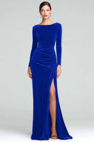 Load image into Gallery viewer, Burgundy Boat Neck Ruched Velvet Long Sleeves Holiday Party Dress