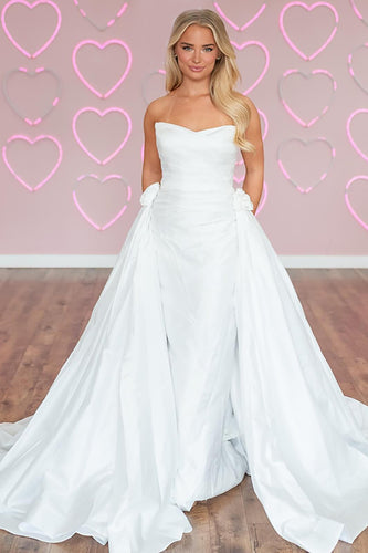 White A-Line Satin Strapless Long Prom Dress with Cape