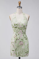 Load image into Gallery viewer, Sage Green Floral Tight Corset Short Halter Birthday Party Dress
