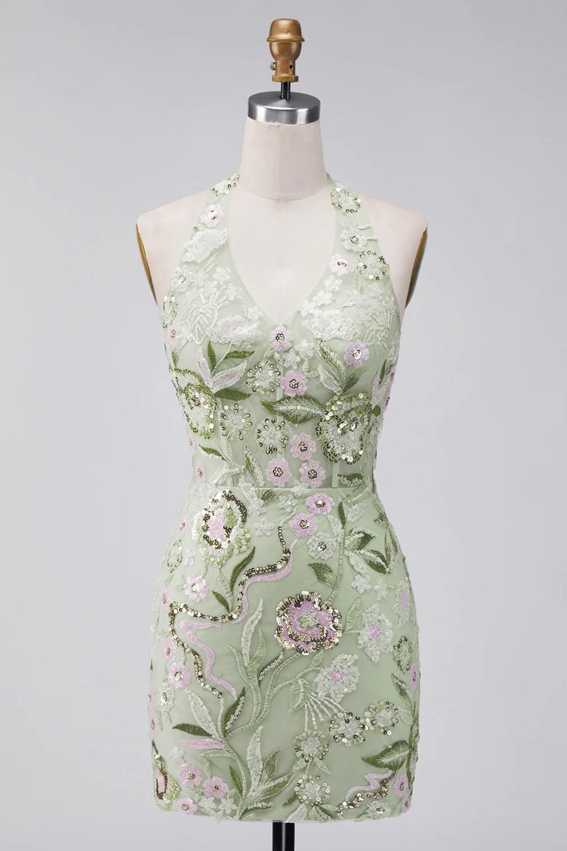 Load image into Gallery viewer, Sage Green Floral Tight Corset Short Halter Birthday Party Dress