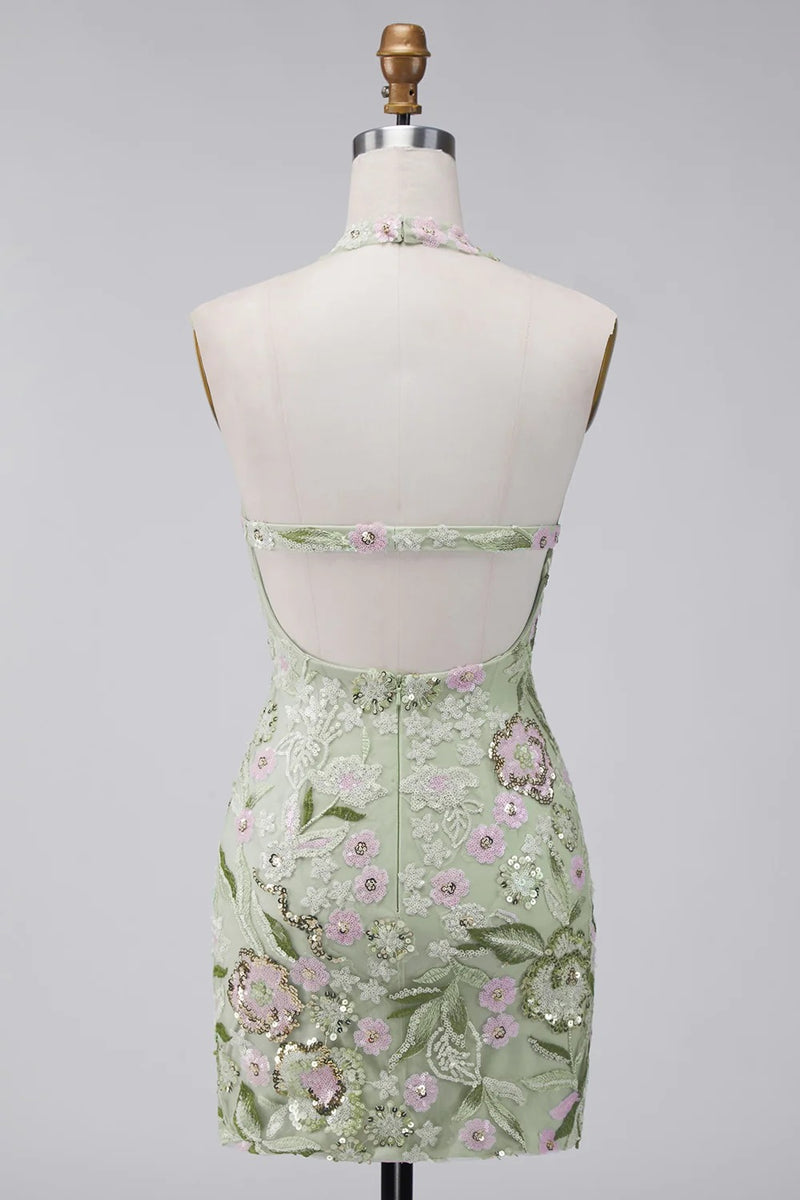 Load image into Gallery viewer, Sage Green Floral Tight Corset Short Halter Birthday Party Dress