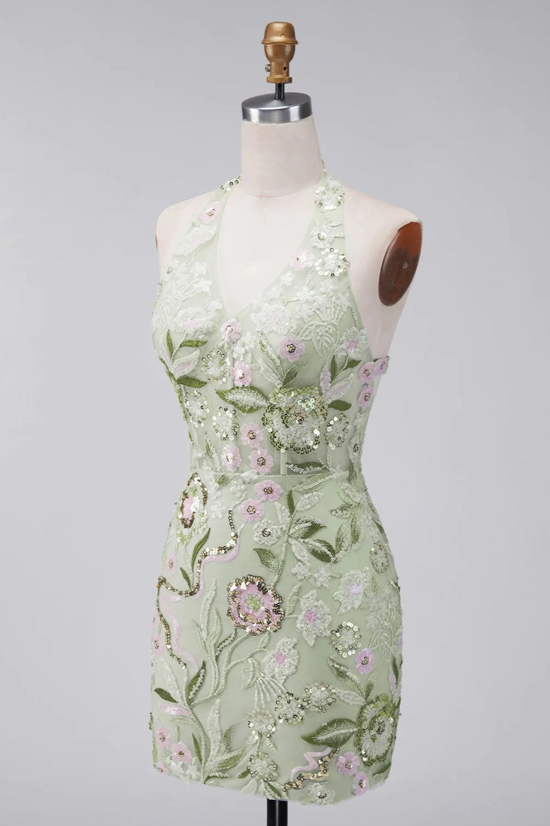 Load image into Gallery viewer, Sage Green Floral Tight Corset Short Halter Birthday Party Dress