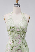 Load image into Gallery viewer, Sage Green Floral Tight Corset Short Halter Birthday Party Dress