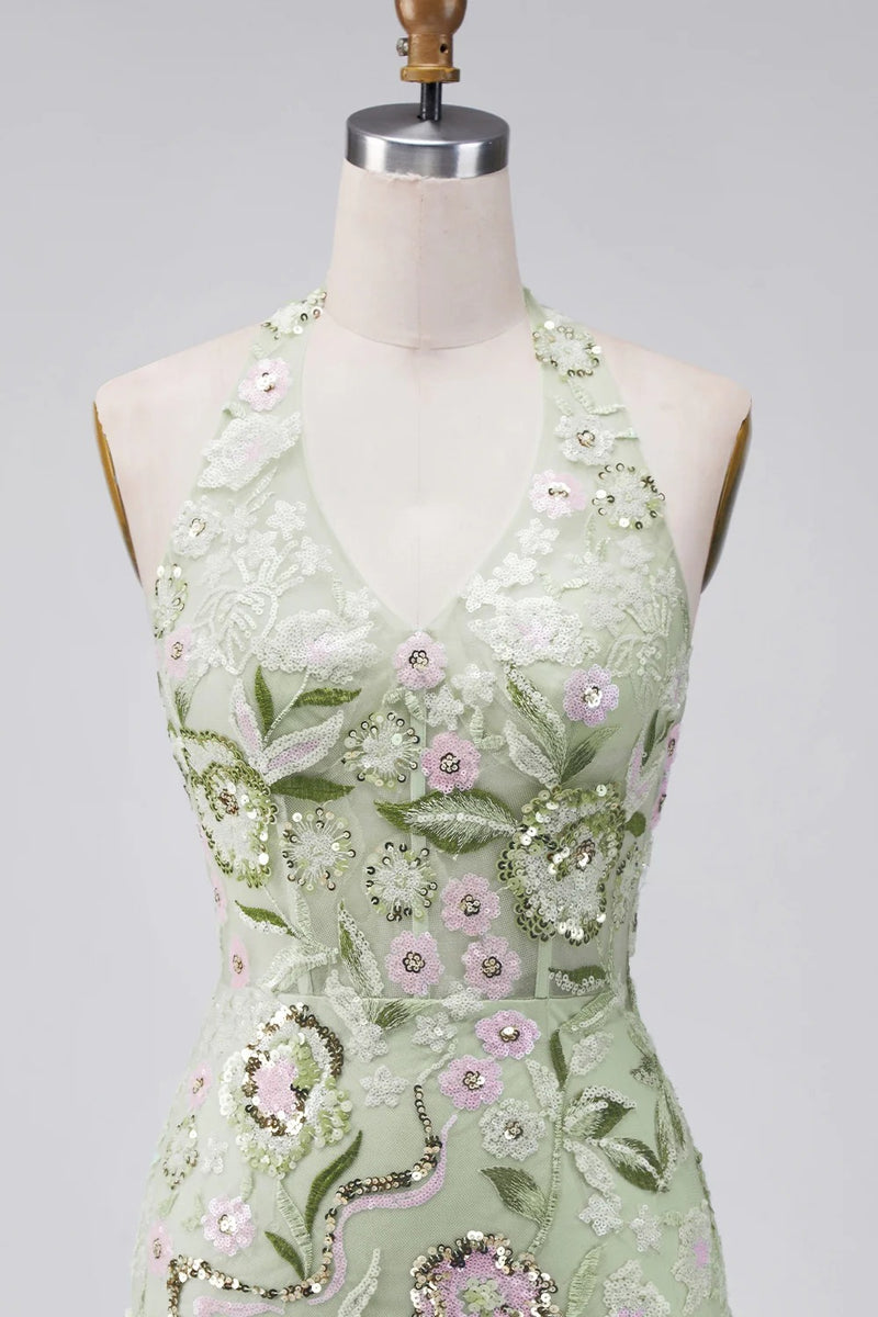 Load image into Gallery viewer, Sage Green Floral Tight Corset Short Halter Birthday Party Dress