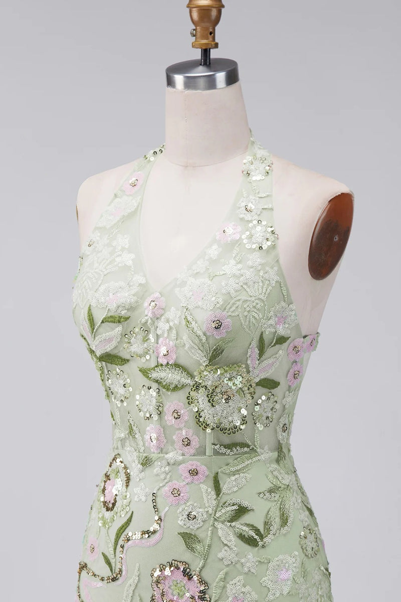 Load image into Gallery viewer, Sage Green Floral Tight Corset Short Halter Birthday Party Dress
