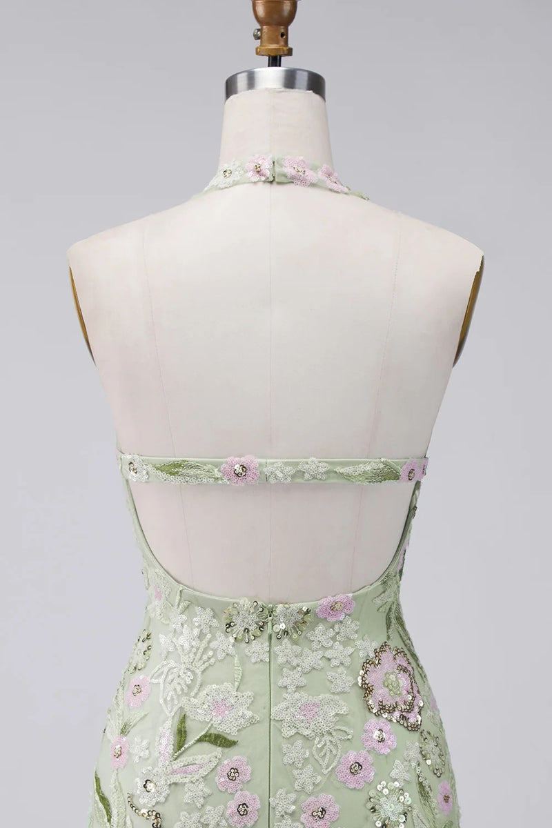 Load image into Gallery viewer, Sage Green Floral Tight Corset Short Halter Birthday Party Dress