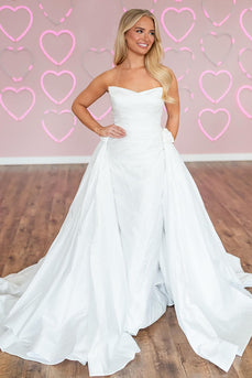 White A-Line Satin Strapless Long Prom Dress with Cape