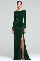 Load image into Gallery viewer, Burgundy Boat Neck Ruched Velvet Long Sleeves Holiday Party Dress