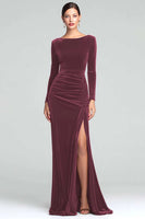 Load image into Gallery viewer, Burgundy Boat Neck Ruched Velvet Long Sleeves Holiday Party Dress