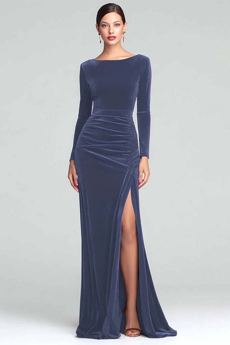 Load image into Gallery viewer, Burgundy Boat Neck Ruched Velvet Long Sleeves Holiday Party Dress