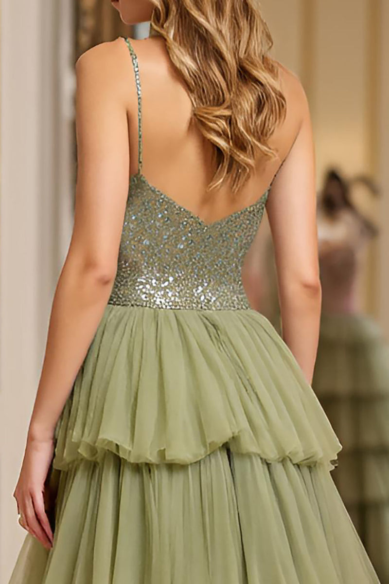 Load image into Gallery viewer, Dusty Sage A Line Tiered Long Tulle Prom Dress with Ruffles