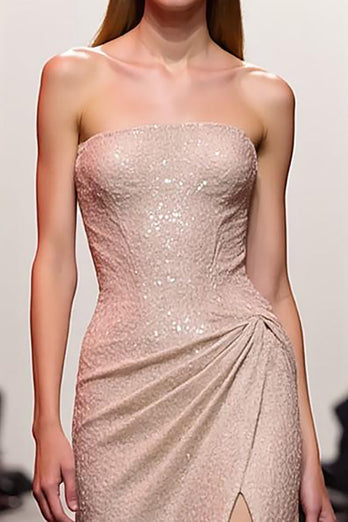 Sparkly Champagne Sequin Strapless Long Evening Dress with Slit