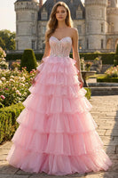 Load image into Gallery viewer, Sparkly Pink Ruffled Long Strapless Corset Prom Dress