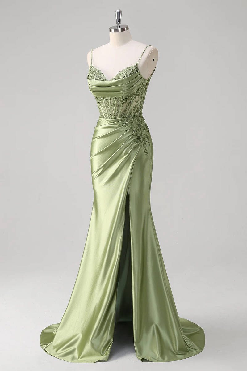 Queendancer Women Sparkly Green Prom Dress with Slit Satin Mermaid ...