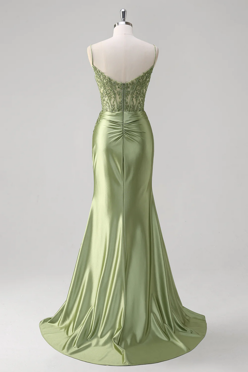 Queendancer Women Sparkly Green Prom Dress with Slit Satin Mermaid ...
