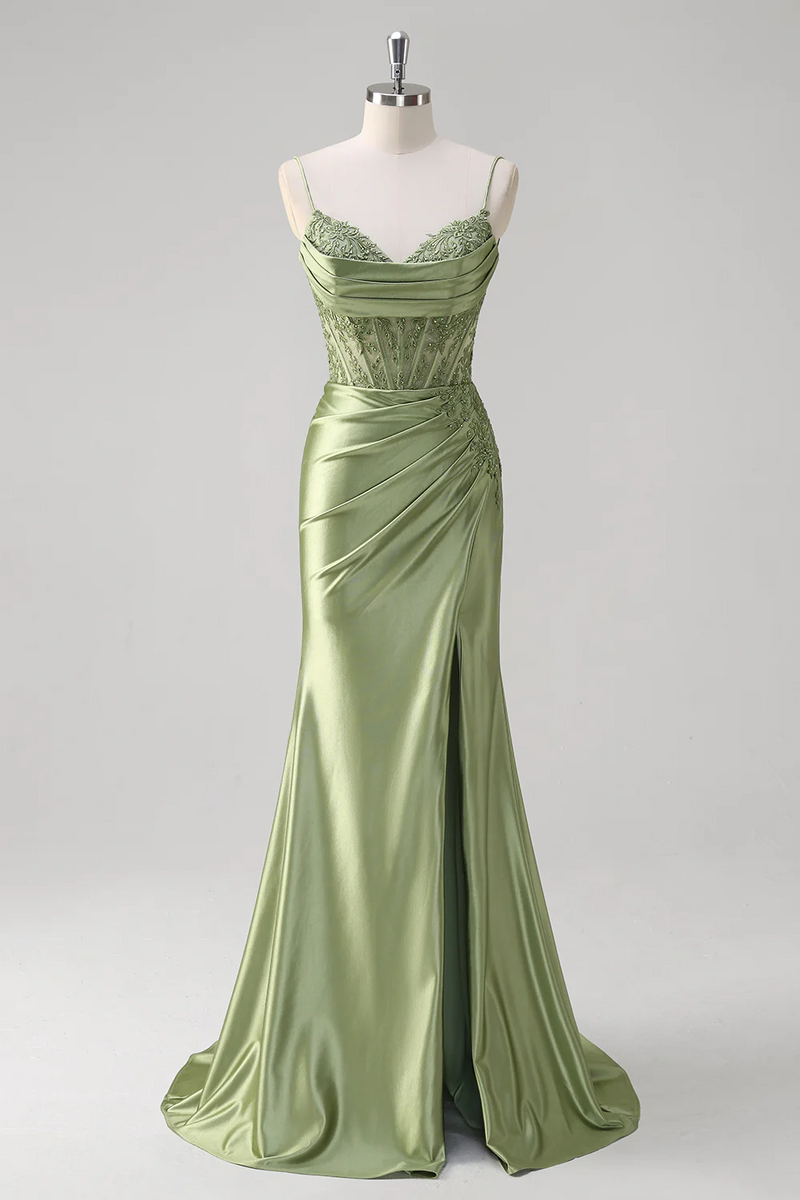 Queendancer Women Sparkly Green Prom Dress with Slit Satin Mermaid ...