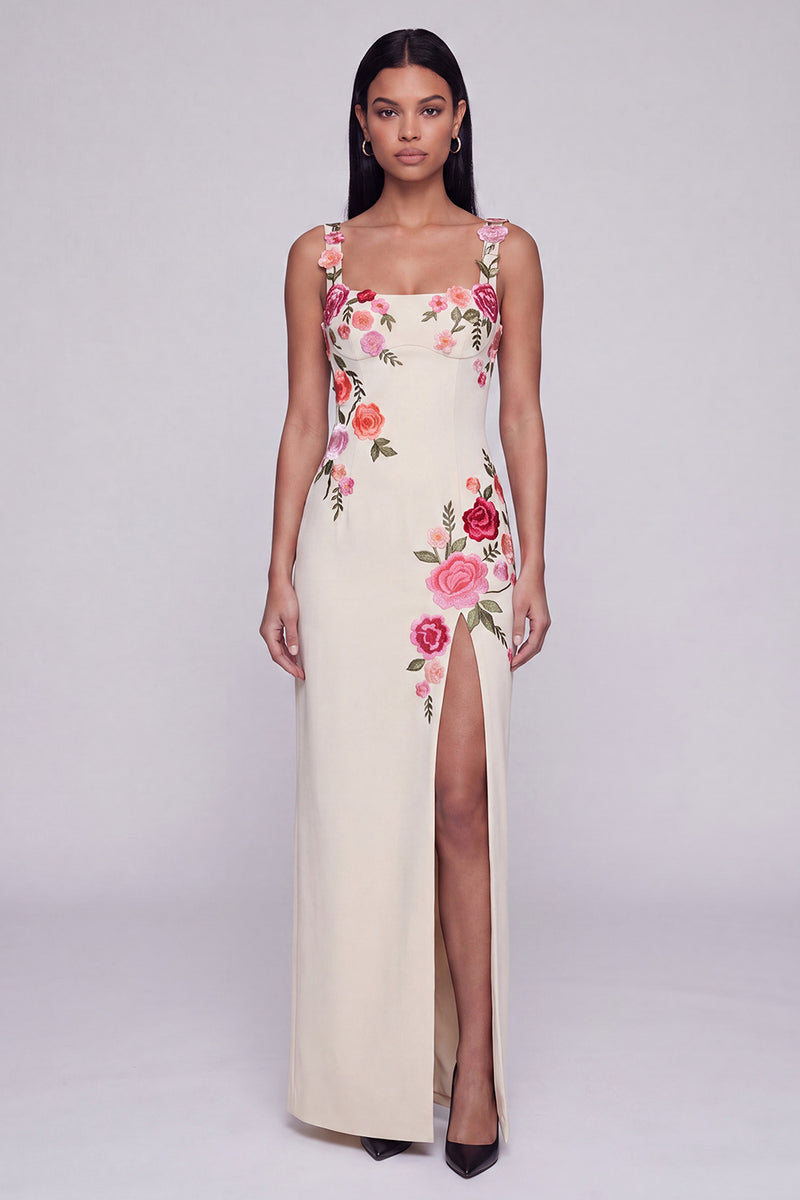 Load image into Gallery viewer, Square Neck Sheath Black Floral Beach Maxi Wedding Guest Dress with Slit