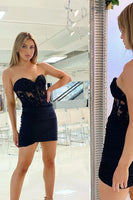 Load image into Gallery viewer, Sparkly Fuchsia Bodycon Strapless Corset Beaded Short Prom Dress with Appliques