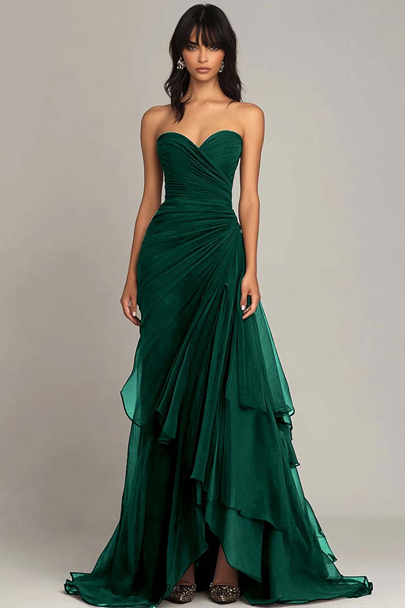 Load image into Gallery viewer, Women Pine Chiffon Formal Dress Sheath Sweetheart Tiered Ruched Long Evening Dress