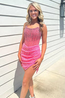 Load image into Gallery viewer, Sparkly Red Strapless Tight Corset Rhinestones Short Prom Dress