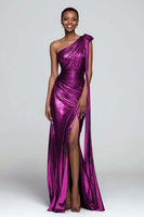Load image into Gallery viewer, Sparkly Gold Mermaid One Shoulder Metallic Long Formal Dress with Slit
