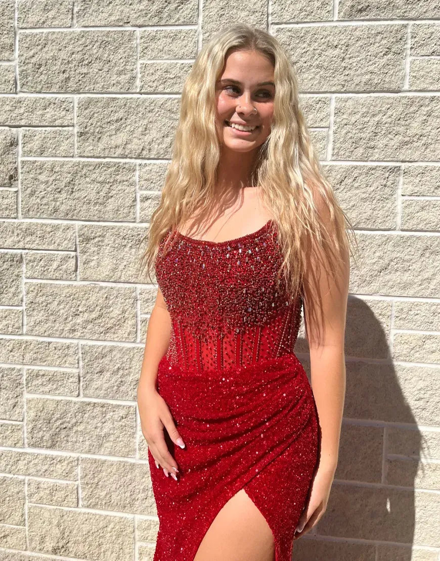 Load image into Gallery viewer, Sparkly Strapless Gold Mermaid Maxi Prom Dress with Slit