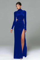 Load image into Gallery viewer, Black Velvet High Neck Sheath Cut Out Long Holiday Party Dress