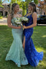 Load image into Gallery viewer, Sparkly Golden Off The Shoulder Mermaid Long Corset Prom Dress with Slit