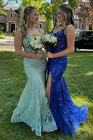 Load image into Gallery viewer, Sparkly Golden Off The Shoulder Mermaid Long Corset Prom Dress with Slit