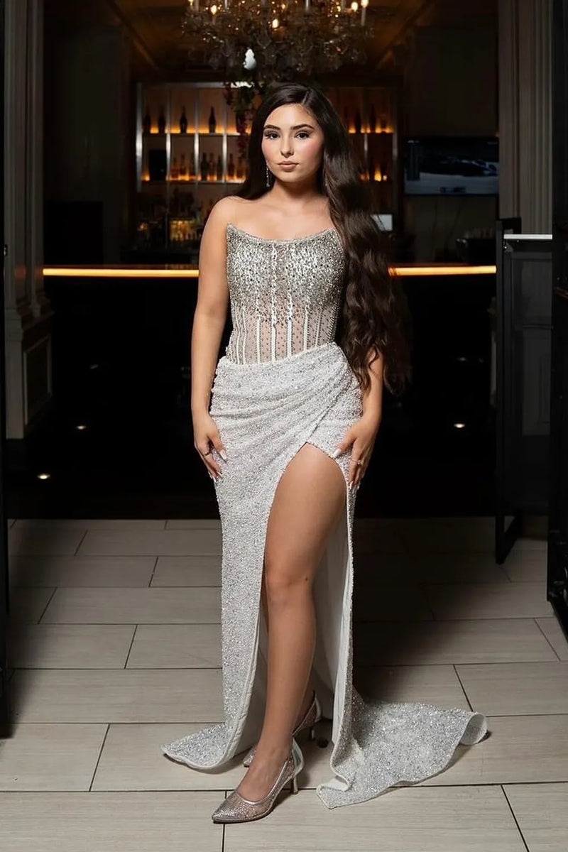 Load image into Gallery viewer, Sparkly Strapless Gold Mermaid Maxi Prom Dress with Slit