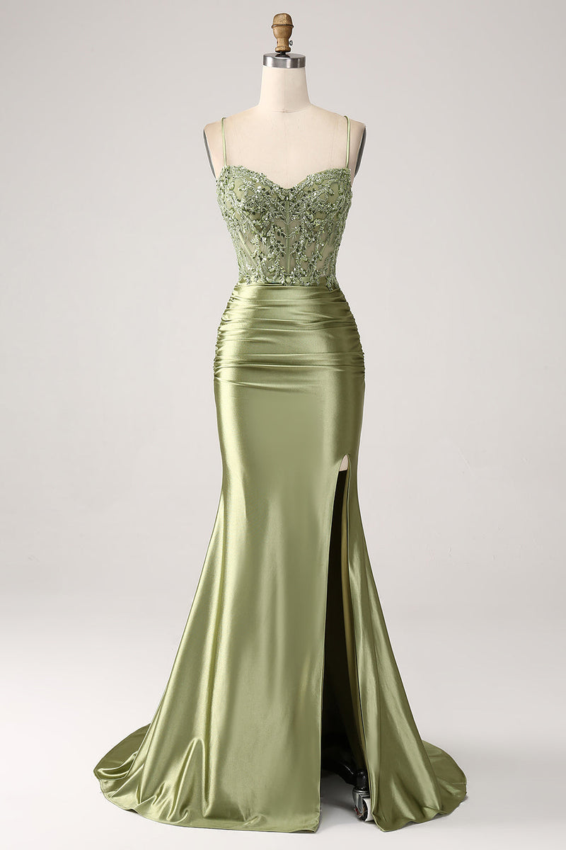 Load image into Gallery viewer, Women Long Prom Dress Mermaid Sage Spaghetti Straps Lace-up Back Party Dress With Slit
