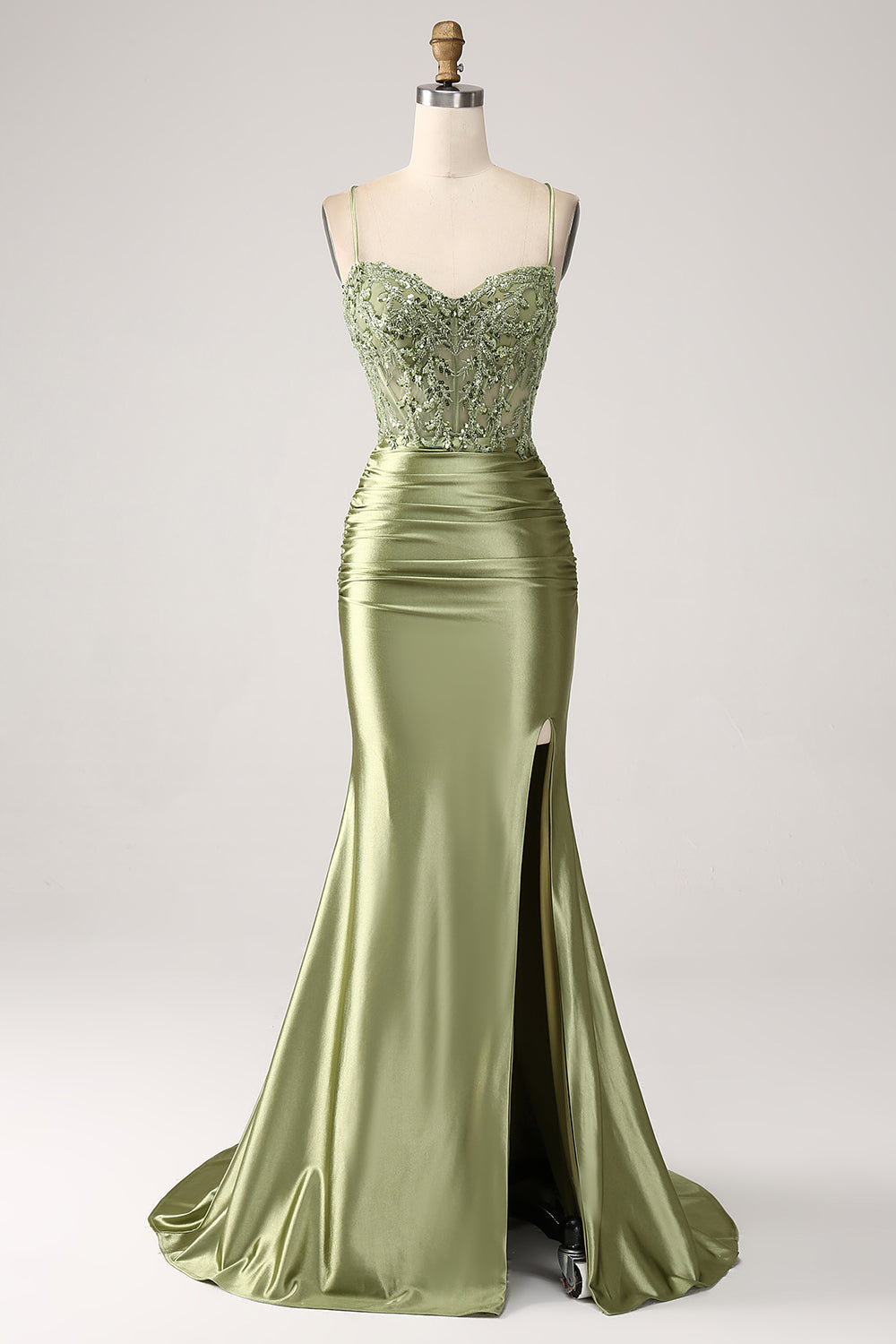 Women Long Prom Dress Mermaid Sage Spaghetti Straps Lace-up Back Party Dress With Slit