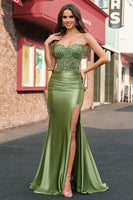 Load image into Gallery viewer, Mermaid Sage Lace-up Back Spaghetti Straps Prom Dress With Slit