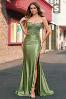 Load image into Gallery viewer, Mermaid Sage Lace-up Back Spaghetti Straps Prom Dress With Slit