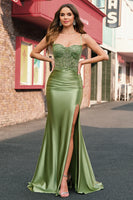 Load image into Gallery viewer, Mermaid Sage Lace-up Back Spaghetti Straps Prom Dress With Slit