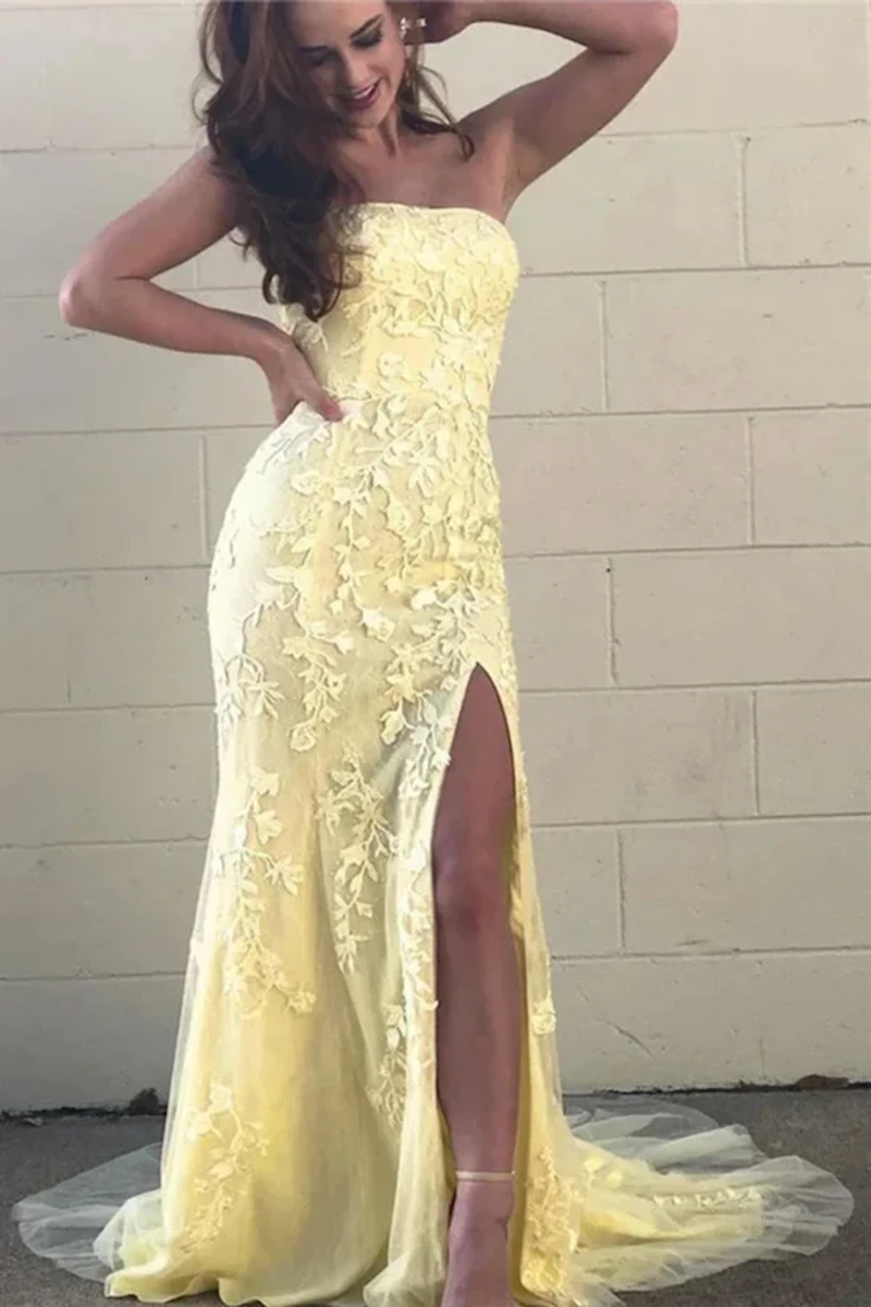 Load image into Gallery viewer, Pink Strapless Lace Appliqued Long Prom Dress with Slit