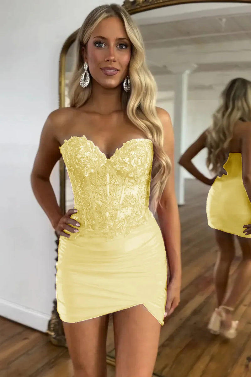 Load image into Gallery viewer, Sparkly Fuchsia Bodycon Strapless Corset Beaded Short Prom Dress with Appliques