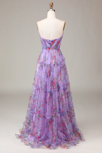A-line Strapless Floral Printed Long Prom Dress with Slit