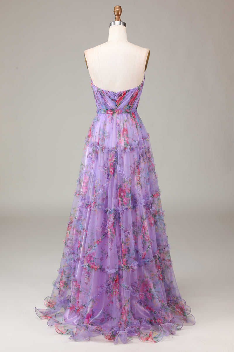 Load image into Gallery viewer, A-line Strapless Floral Printed Long Prom Dress with Slit