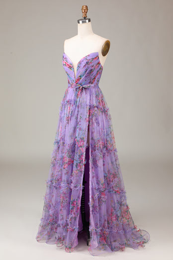 A-line Strapless Floral Printed Long Prom Dress with Slit