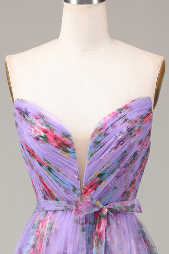 A-line Strapless Floral Printed Long Prom Dress with Slit